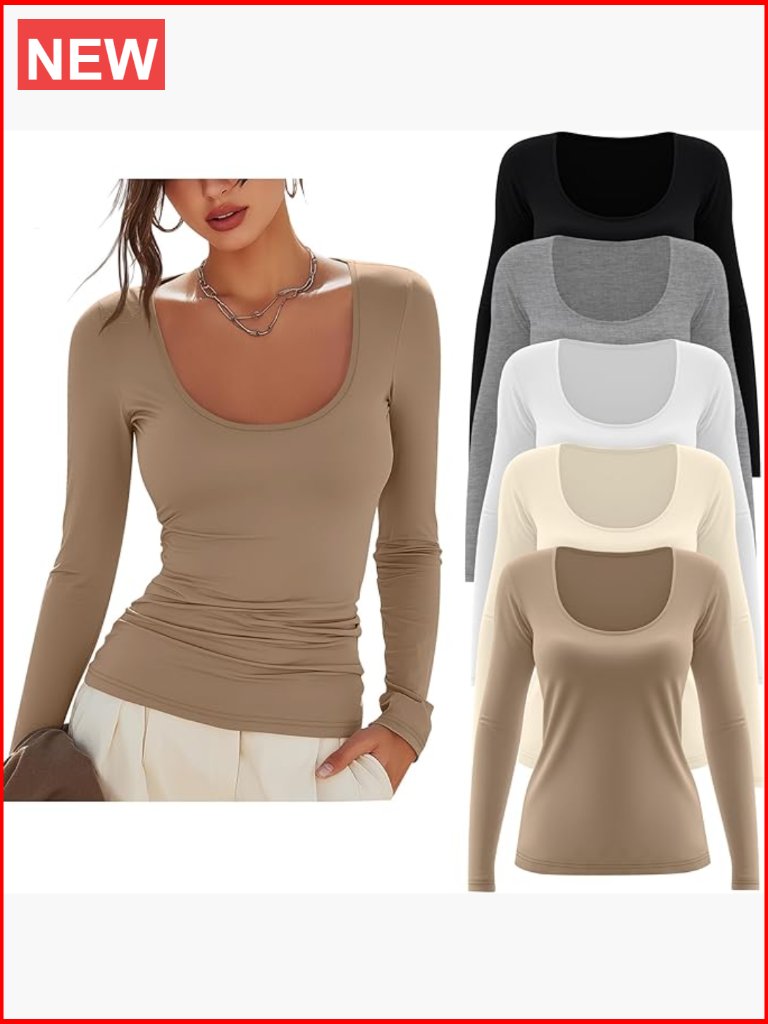 5 Pack Long Sleeve Scoop Neck T-Shirts Polyester Blend Slim Fit